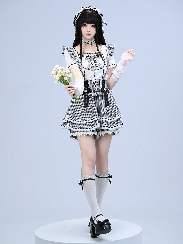 Black White Jirai Kei Square Neck Cotton Blouse with Bow Lace Details - Broken Bear