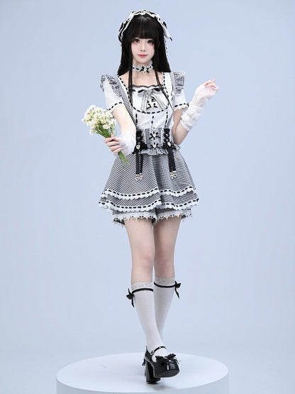Black White Jirai Kei Square Neck Cotton Blouse with Bow Lace Details - Broken Bear