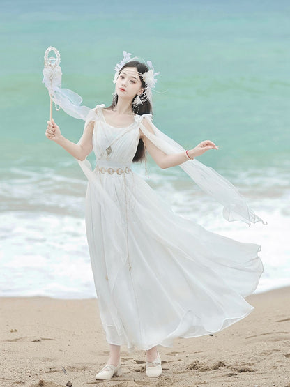 White Greek-inspired Lolita Flowing Bow Shoulders Maxi Dress with Gold Chains - Xiong Dou Jiang