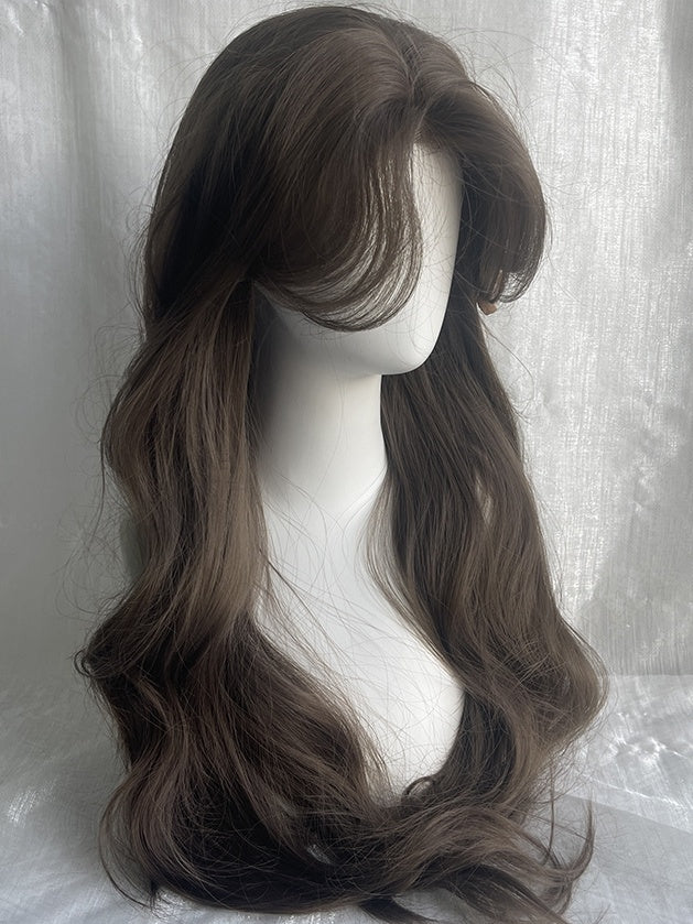 Braune, hüftlange, gewellte Perücke mit Vorhangpony