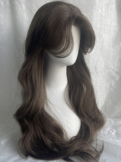 Braune, hüftlange, gewellte Perücke mit Vorhangpony