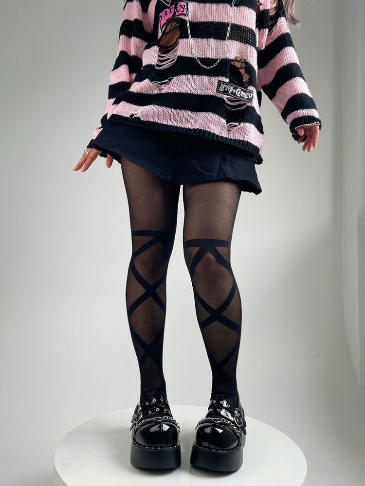 Schwarze, halbtransparente Lolita-Strumpfhose mit gekreuzten Bändern