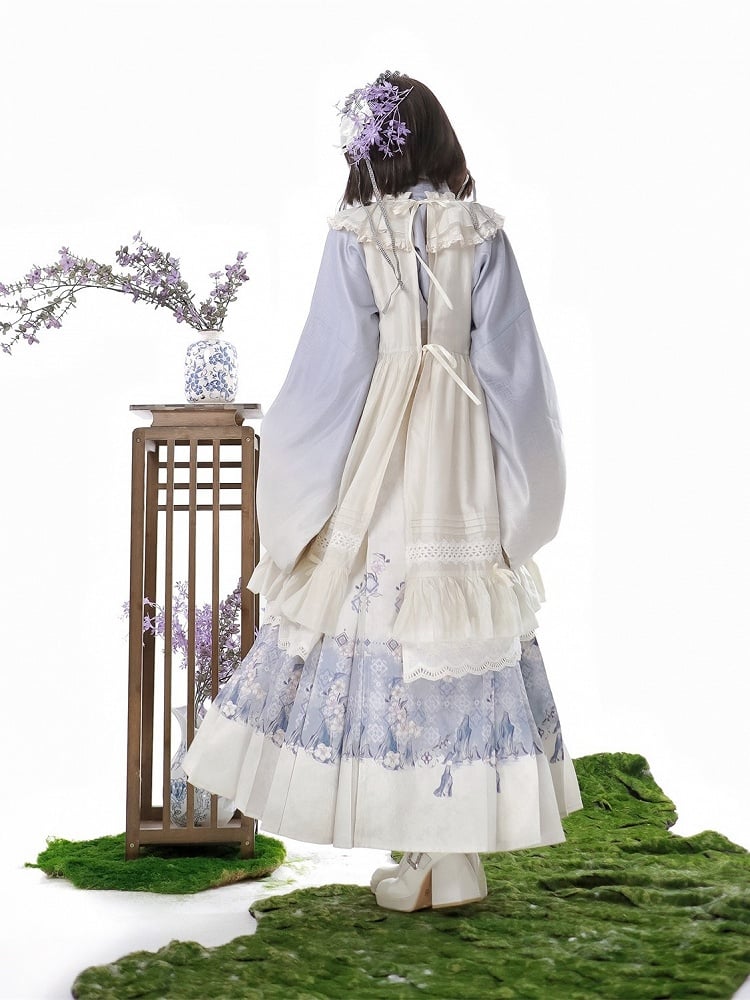 Cross-Collar Skirt Set Apron + Ruffled Top Print Trimmed Floral Purple White Lace Lolita Beige