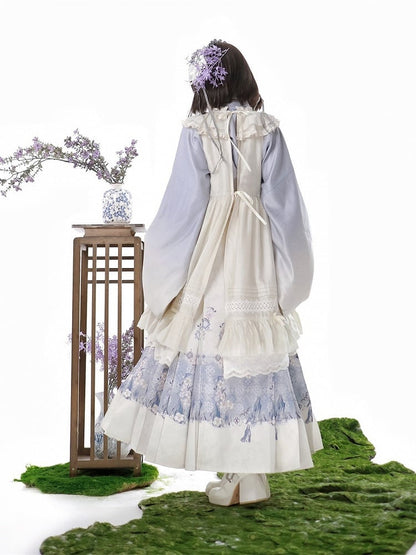 Cross-Collar Skirt Set Apron + Ruffled Top Print Trimmed Floral Purple White Lace Lolita Beige