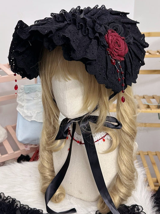 Lolita Bonnet Lace Black Gothic Bead Trim Rose Red