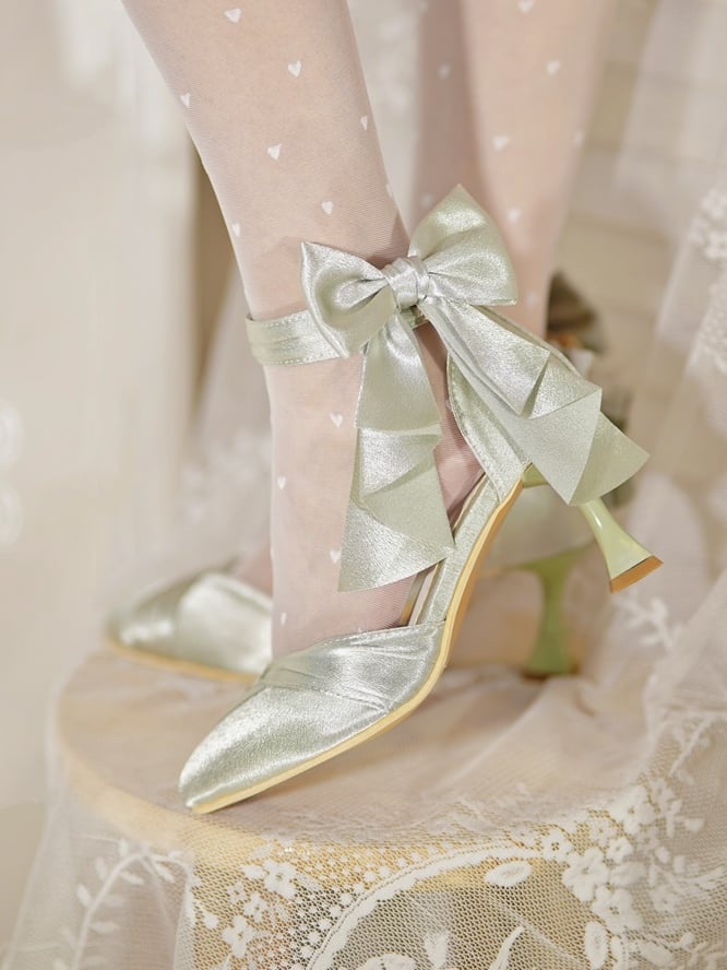 Toe Elegant Satin Heart Buckle Green High-heel with Delicate Bow in Shoes Pointed Light