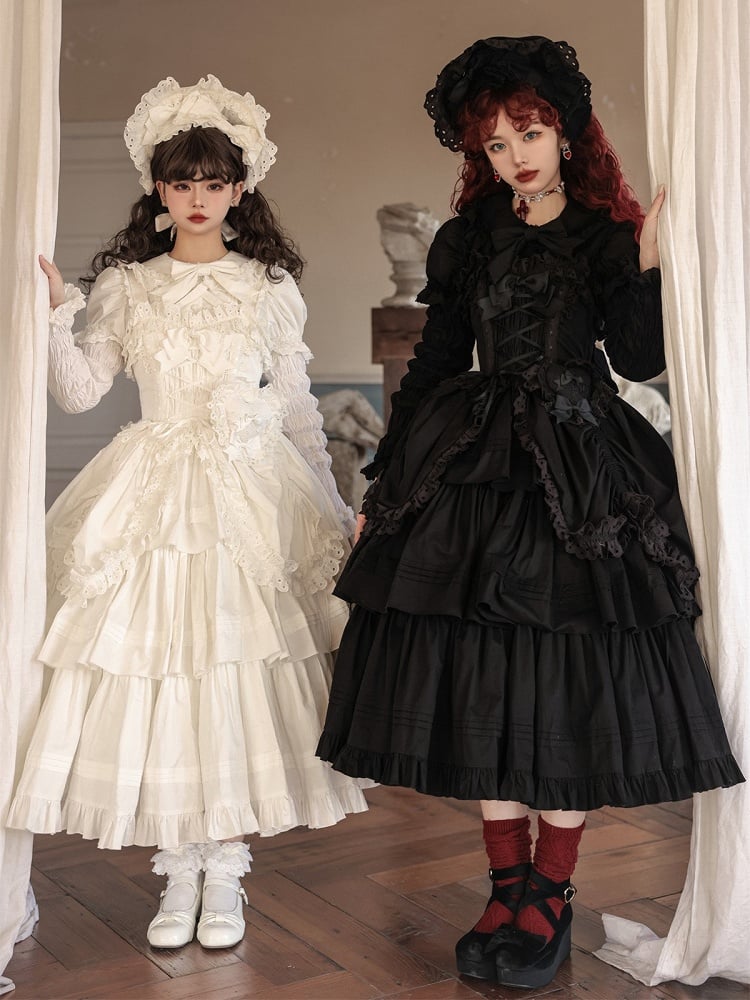 Decoration and Gothic White Heart-shaped Long Dress with Bowknots JSK Lolita Version Ruffled