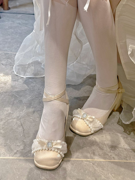 Lolita High-heel Straps Champagne Shoes Embellishments Crisscross with Rhinestones Sweet