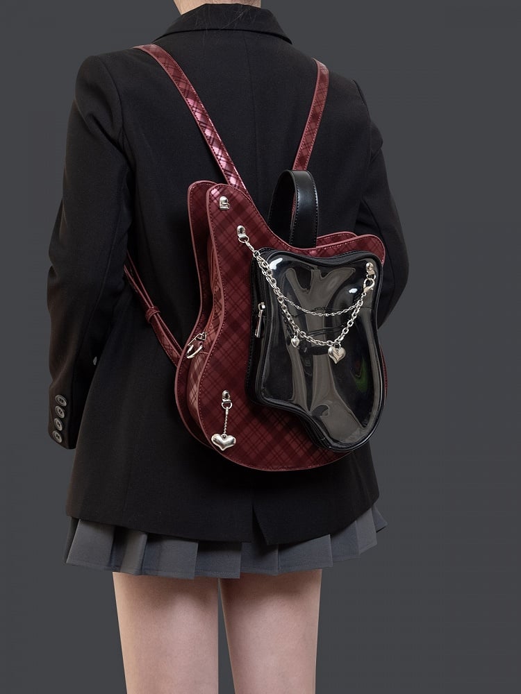 Edgy 2-Way Y2K Black  Red Plaid Guitar-Shaped Ita Bag With Heart Chain Accents