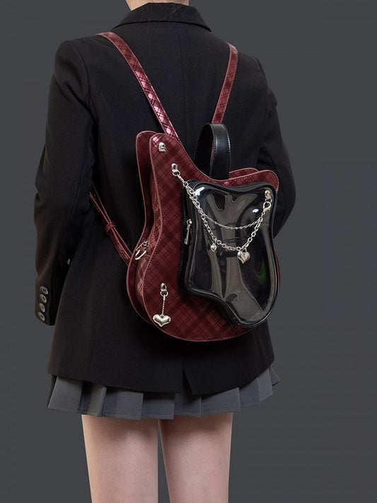 Chain Plaid Bag With Y2K Edgy Heart Ita Accents Guitar-Shaped Red 2-Way Black