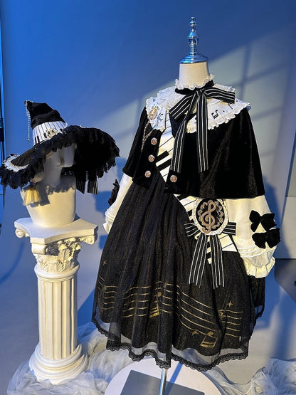 Musical Note Print Black and White Long Sleeves Lolita OP Full Set