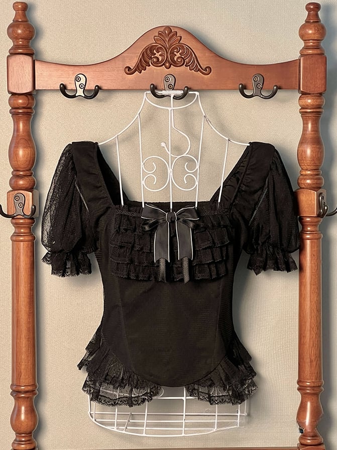 Neckline Short Blouse 89-108CM Black for Sleeves L Clearance-Size Square Bust