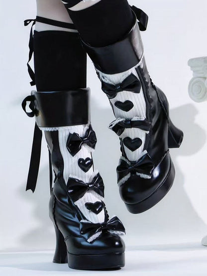 Platform Black Elegant High-heel with Closure PU Lolita Accents System Bow Dual Boots