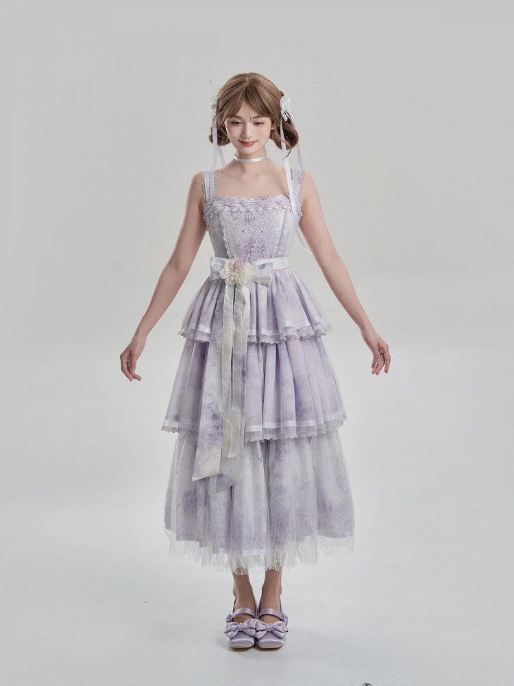 Oil Dress Painting and with Tiered Purple Lolita JSK Print Hem Embroidery Detail