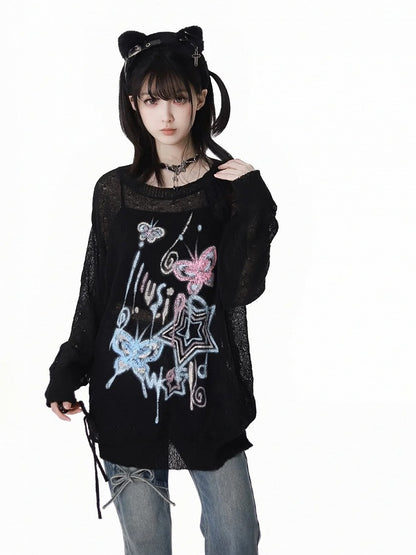 セミシアー バタフライ＆スターカラープリント サンプロテクショントップ マカロン ブラック/ホワイト