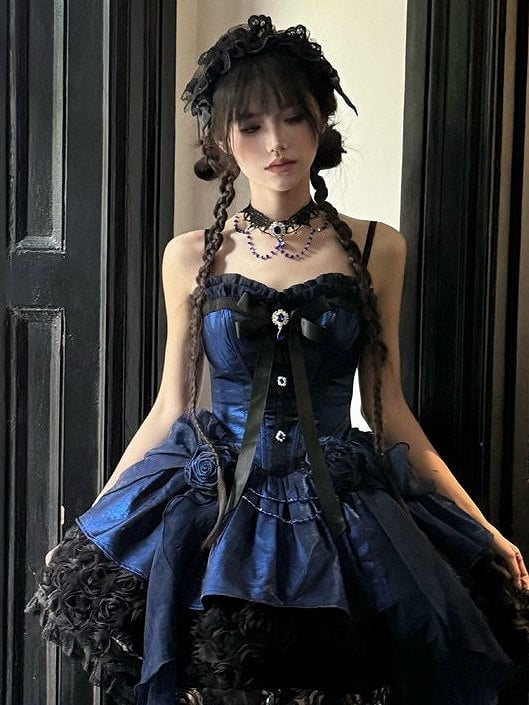 Gothic Details Lace Lolita with Rhinestone Necklace Red/Blue/Purple
