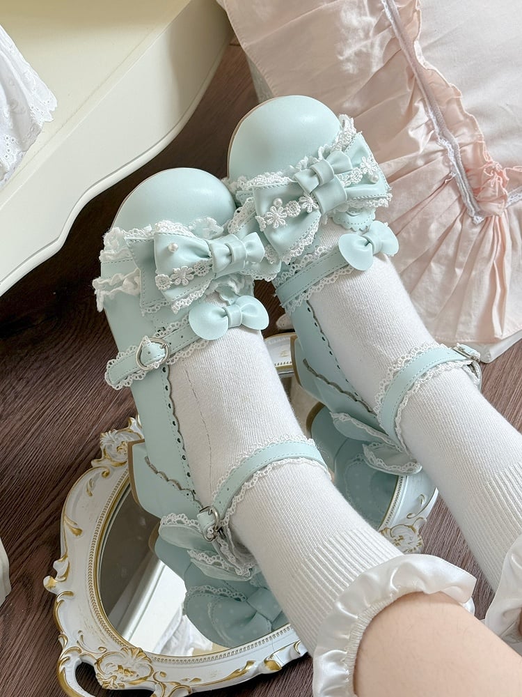 Low Sweet Green Mint Accents with Heart Heels Snap Bow Round-Toe Lolita