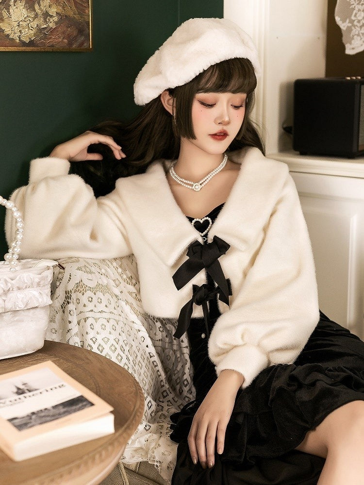 V-Neck with White Bowknots Lolita Coat Black