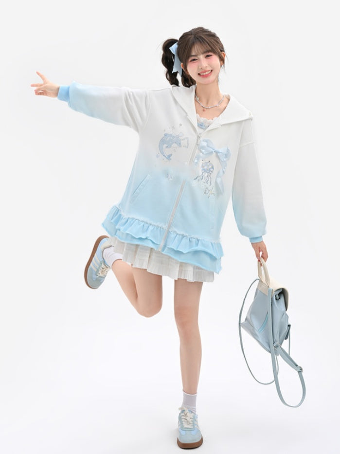 Gradient Blue & White Jellyfish and Dolphin Print Ruffled Trim Zip Closure Hoodie