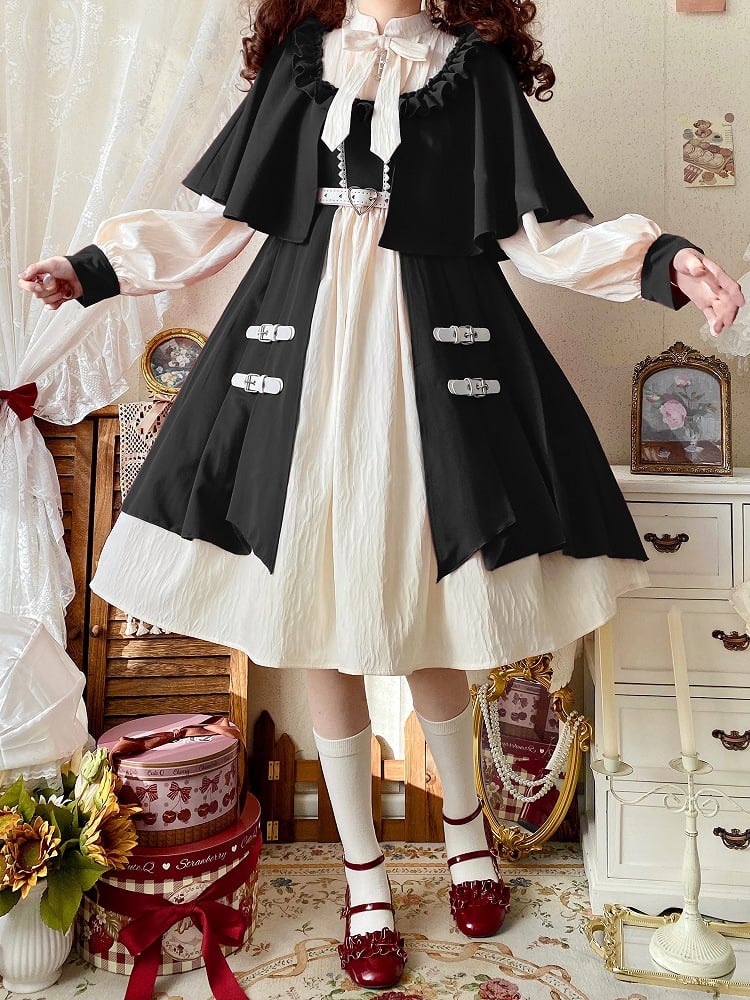 Design Lolita Black Collar and Beige Cape Dress Banded Long Sleeves