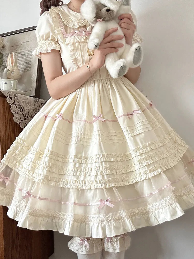 Lolita Pink Beige Peter Kleid Baumwolle Schleife und Kragen Akzente Pan