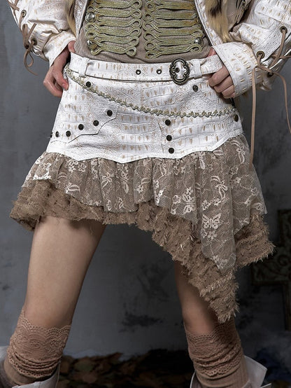 Brown Asymmetrical Vintage Layered with Studded Hem Punk Tulle Skort PU Beige