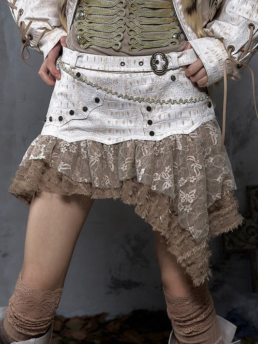 Brown Asymmetrical Vintage Layered with Studded Hem Punk Tulle Skort PU Beige