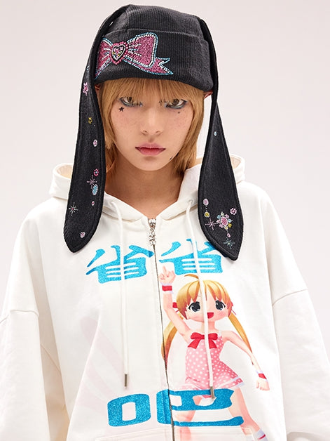 Black Hat Bunny Ear Y2K Design Rhinestone Bow