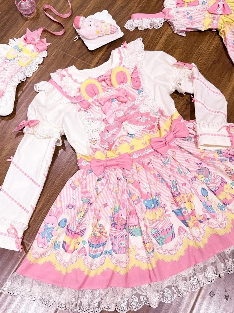 Pan Pink White Peter Lolita Blouse with Collar Bunny and Accents Ears Bow Dark
