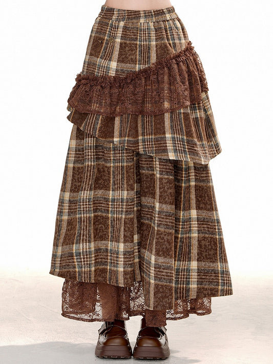 Brown Plaid Shirring Waist Lace Patchwork Skirt