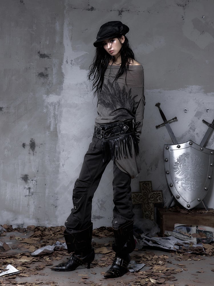 with Crisscross Studded Waist Vintage Black Fringe PU Belt Lacing Punk