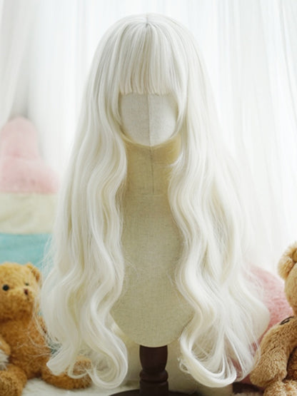 Schwarz/Weiß/Hellblond/Blond/Karamell/Grau, hüftlange, gewellte Perücke mit vollem Pony