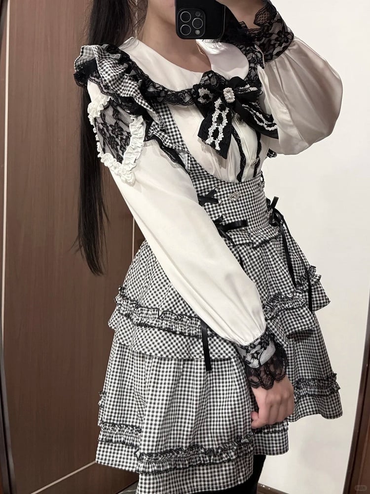 Jirai Kei Coord Set: Black Plaid Tiered Susender Skirt & White Heart Rhinestone Blouse