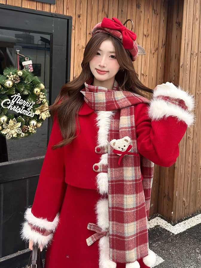 Elegant Plaid Classic + Lolita Skirt Hem Trim Fur Ruffle Scarf Faux Top Set Red