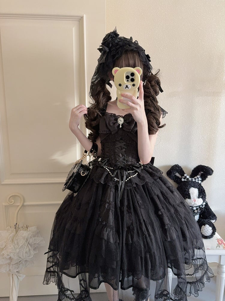 Dark with Details Hanayome-Style Bows Black Lolita Multi-Layer Lace Rhinestone Dress JSK