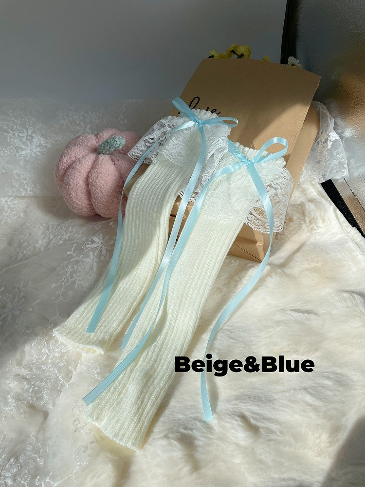 Gestrickte Beinwärmer mit Schleife und Spitzenmanschette in 9 Farben