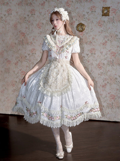 Beige Lace Trim Floral Embroidery Sheer Apron