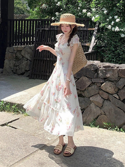 Apricot Summer Vacation Dress with Floral Pattern - Qchiwawameme