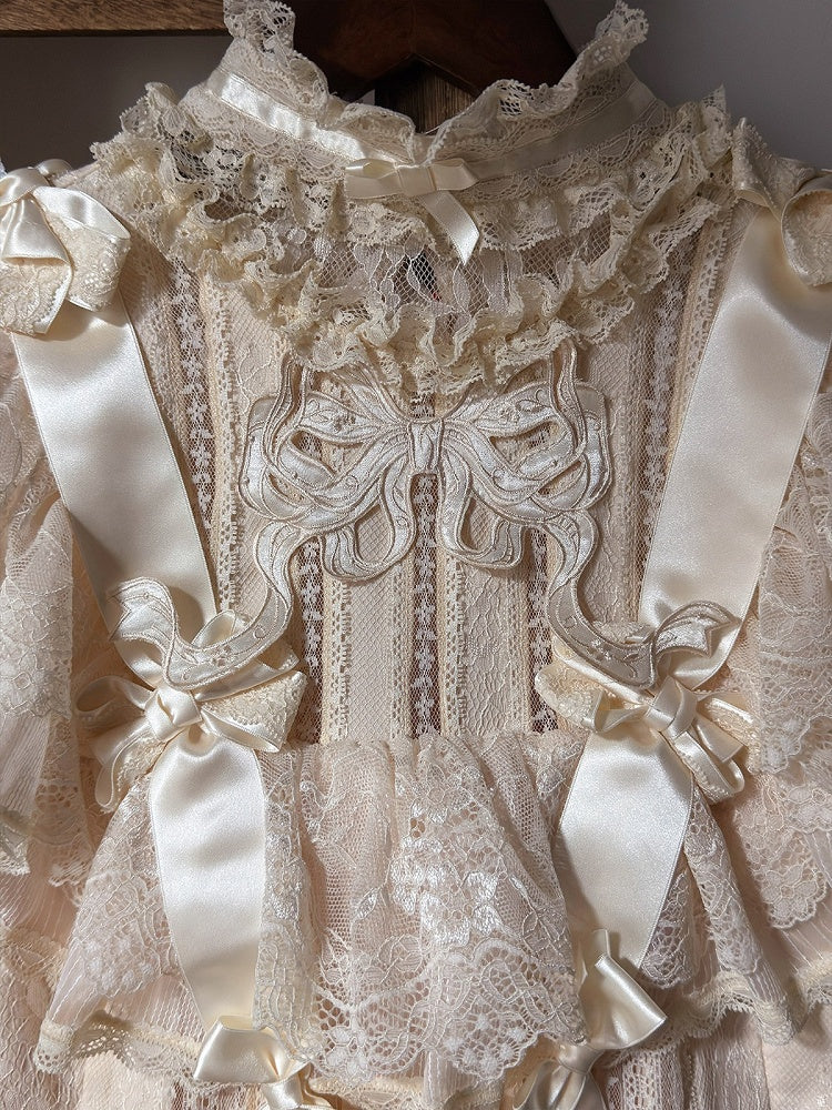 Retro Beige Lolita Lace Gown with Satin Ribbon Accents - Twin Bear Original Design