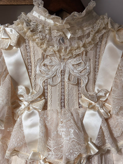 Retro Beige Lolita Lace Gown with Satin Ribbon Accents - Twin Bear Original Design
