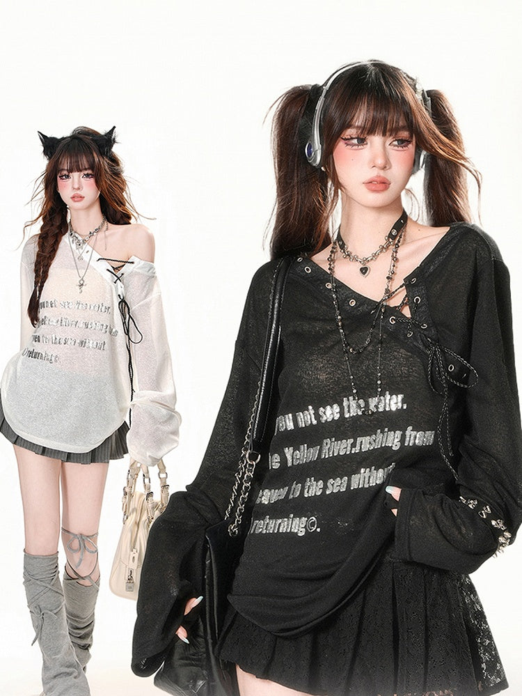 Schwarz/weißes, halbtransparentes Sonnenschutz-Top mit asymmetrischem Ausschnitt und Schnürdetail