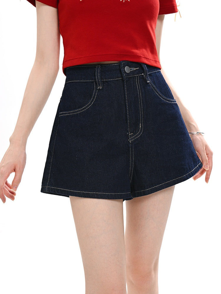 Blue Wide-leg Denim Shorts Kitty Embroidery Back