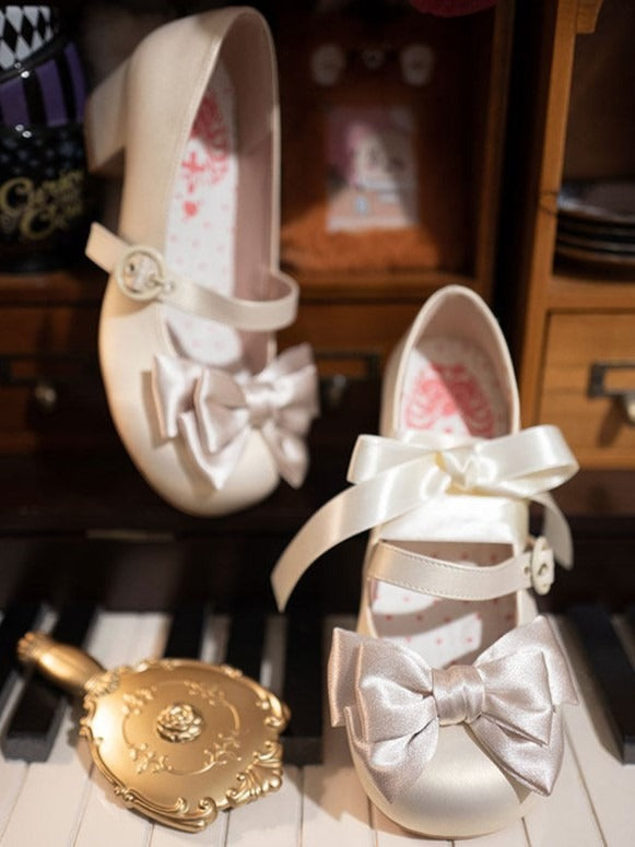 Sweet Ballet Style Champagne Bowknot Lace-up Straps Lolita Shoes - Round Toe & 4.5cm Heel - MODO