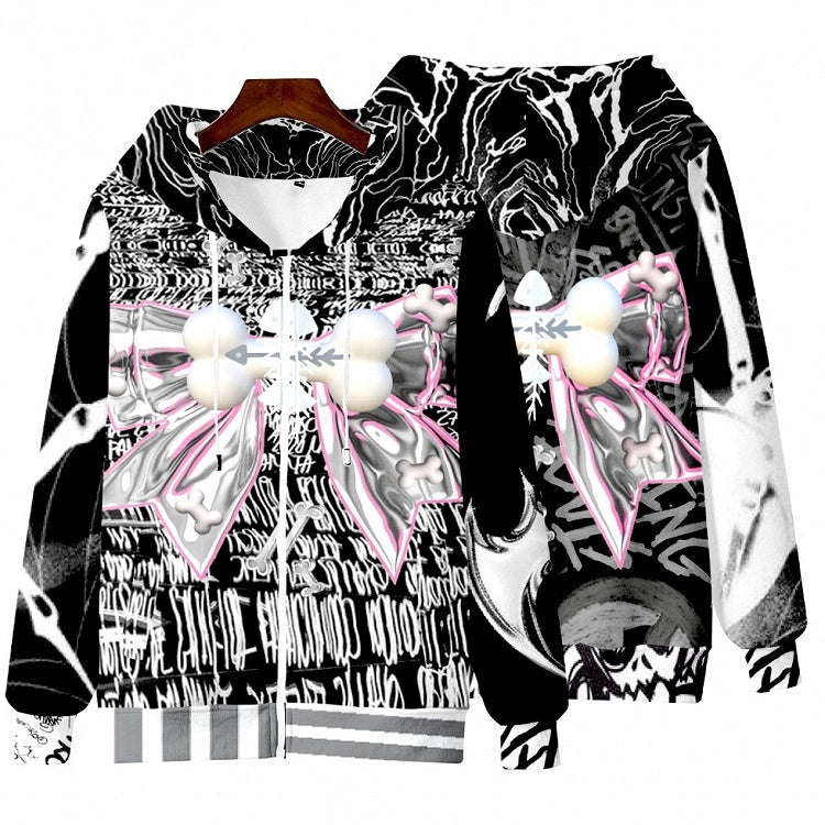 Buchstabe Schleife Schwarz Gyaru Verschluss Hoodie Zip Print Großes Muster Mode Knochen
