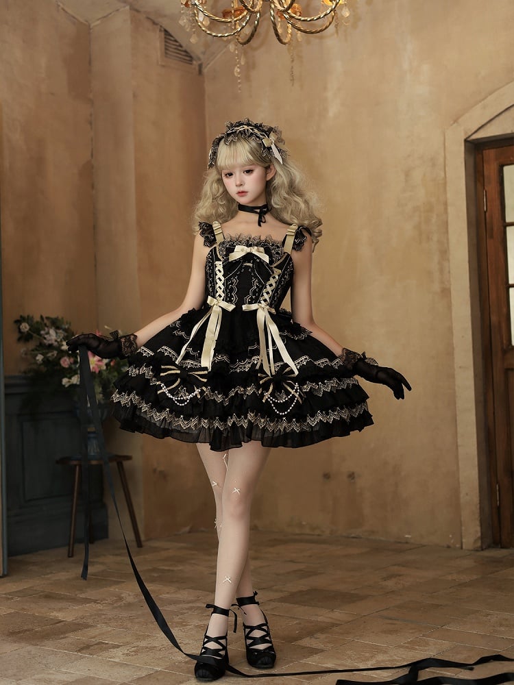 Perlen Schwarz Prinzessin Verziert Kleid Schleifen Lolita Stufenrock Kette