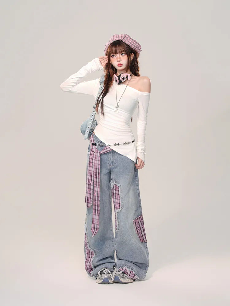 S Cut Wide-leg Bowknot Size Rose Plaid Jeans Clearance Blue Waist - 66CM Red for