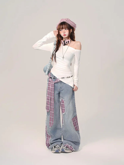 S Cut Wide-leg Bowknot Size Rose Plaid Jeans Clearance Blue Waist - 66CM Red for