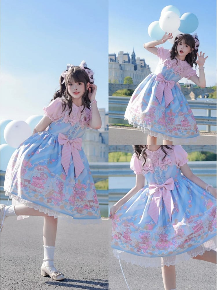 Ausschnitt Design Schleife Blaue Ohren Süßes Lolita Kleid JSK Entzückende Maus Print Maus Groß