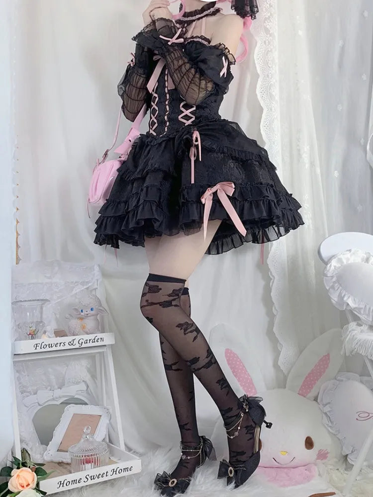 Cross Belle – Schwarzes und rosa Neckholder-Korsettkleid, Balletcore, Lolita, JSK