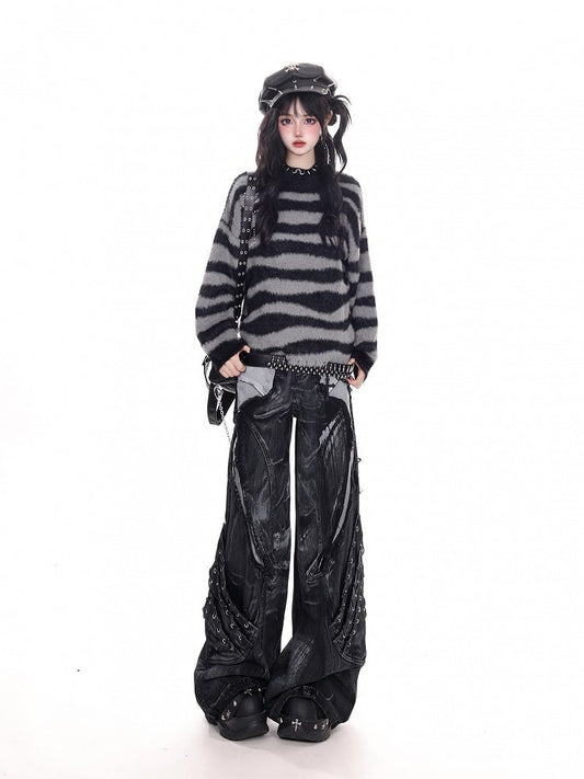 With Pattern Black Sweater Cross Knit Punk Gray Striped